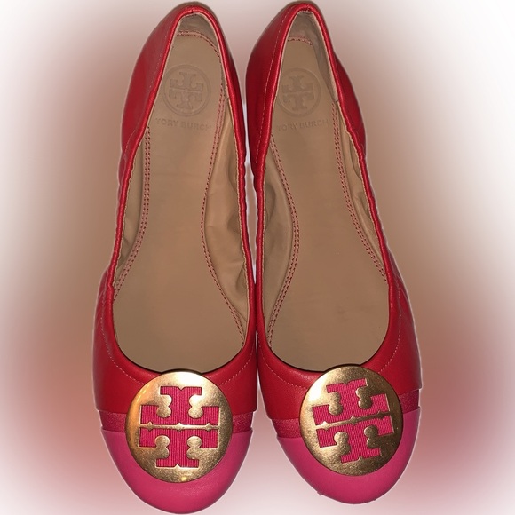 Tory Burch Shoes - Tory Burch Minnie Toe Cap Red Azalea Pink Napa Leather Ballet Flats Gold Logo 6M